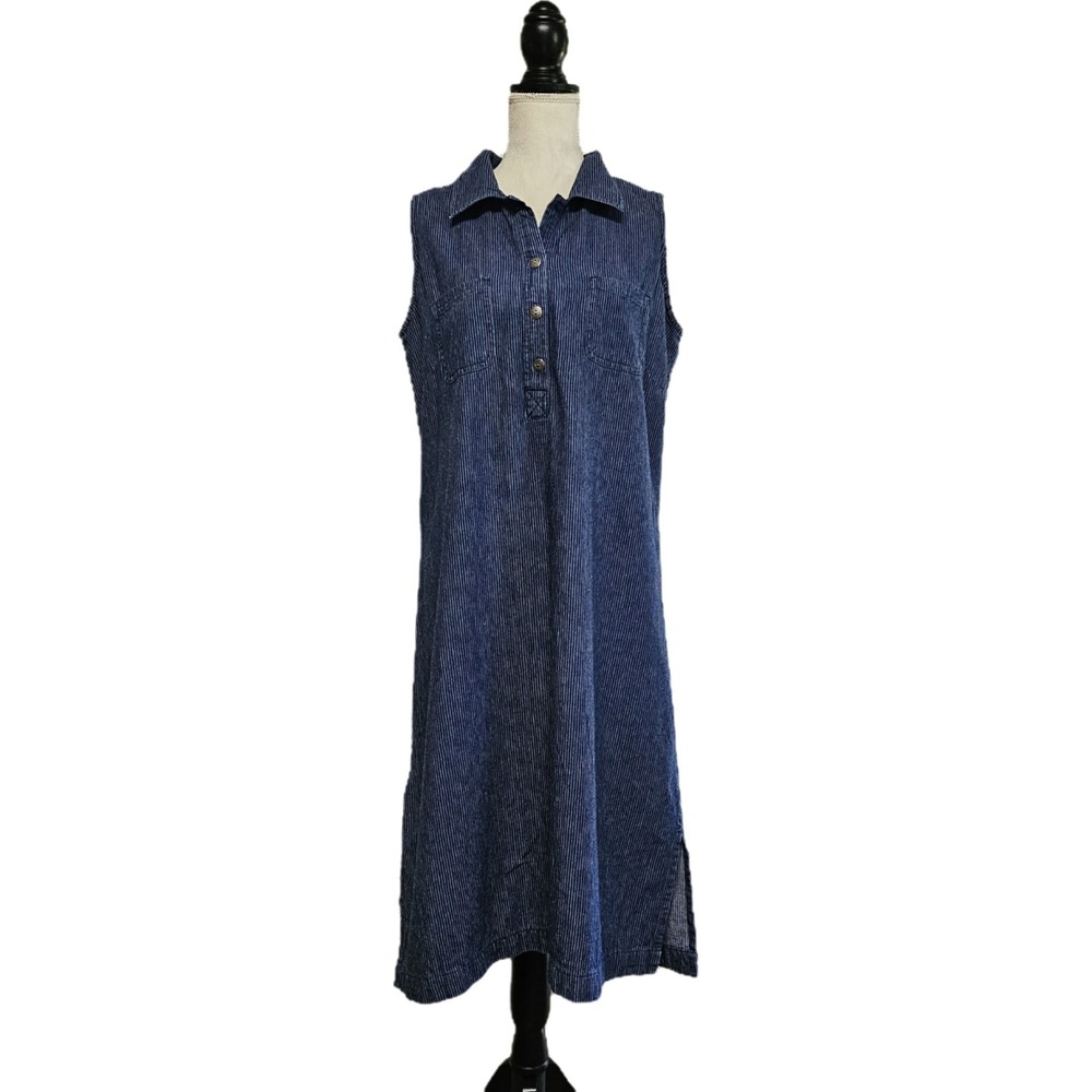 Vtg 90s Basic Editions Navy Stripe Chambray Sleeveless Midi Shirt Dress Size S/M